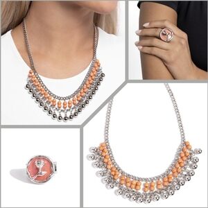 Elegant Silvertone and Orange Beaded Necklace and Ring Set, NWT